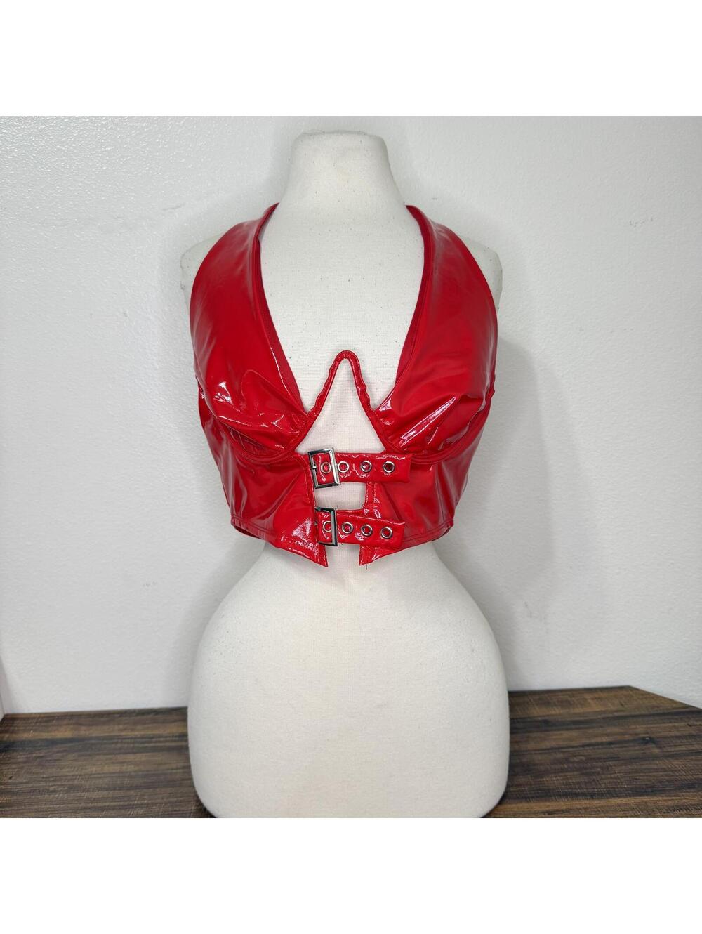 Shein Red Halter Crop Top with Buckle Front Size Large
